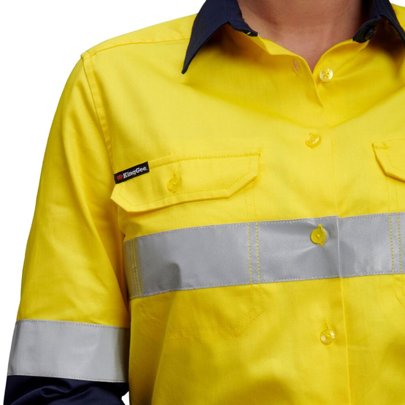 KingGee Women's Hi-Vis Reflective Long Sleeve Work Shirt - Yellow/Navy