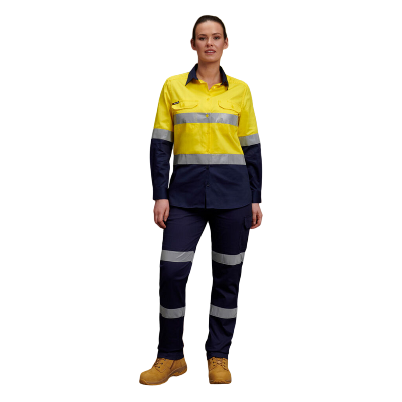 KingGee Women's Hi-Vis Reflective Long Sleeve Work Shirt - Yellow/Navy