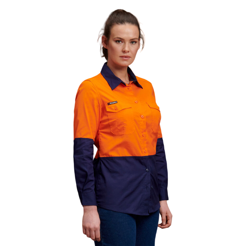 KingGee Women's Workcool 2 Hi-Vis Lightweight Work Shirt - Orange/Navy