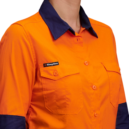 KingGee Women's Workcool 2 Hi-Vis Lightweight Work Shirt - Orange/Navy