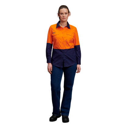 KingGee Women's Workcool 2 Hi-Vis Lightweight Work Shirt - Orange/Navy