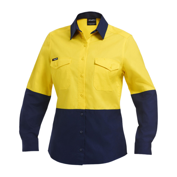 KingGee Women's Workcool 2 Hi-Vis Lightweight Work Shirt - Yellow/Navy