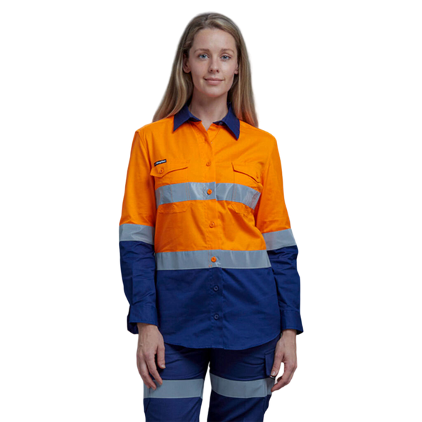 KingGee Women's Workcool 2 Hi-Vis Lightweight Reflective Work Shirt - Orange/Navy