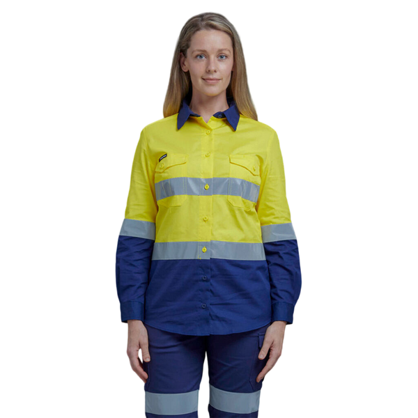 KingGee Women's Workcool 2 Hi-Vis Lightweight Reflective Work Shirt - Yellow/Navy