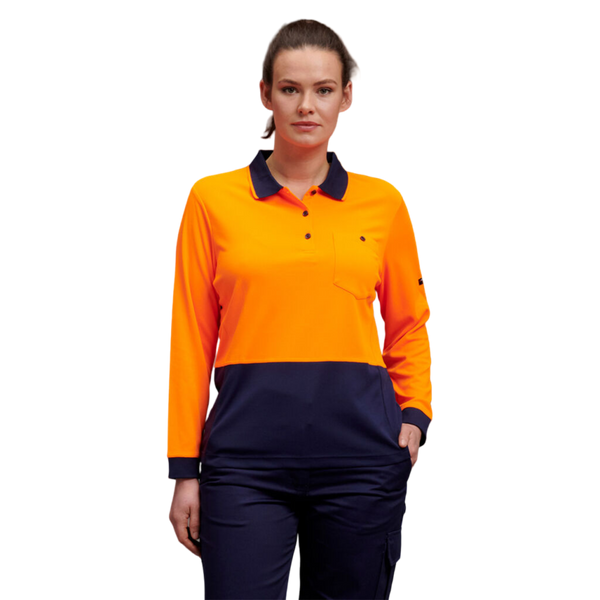KingGee Women's Workcool Hyperfreeze Hi-Vis Long Sleeve Polo Shirt - Orange/Navy