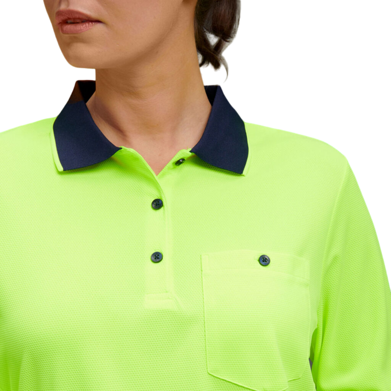 KingGee Women's Workcool Hyperfreeze Hi-Vis Long Sleeve Polo Shirt - Yellow/Navy