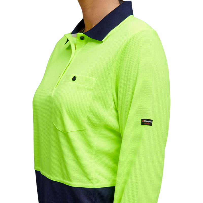 KingGee Women's Workcool Hyperfreeze Hi-Vis Long Sleeve Polo Shirt - Yellow/Navy