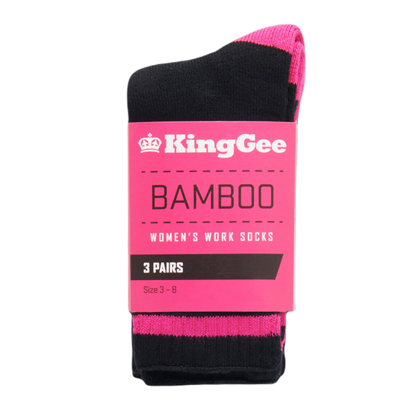 KingGee Women's Bamboo Crew Work Socks - Black/Pink