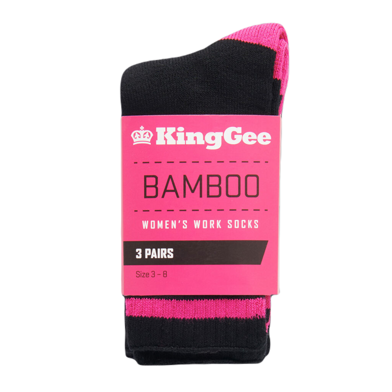 KingGee Women's Bamboo Crew Work Socks - Black/Pink