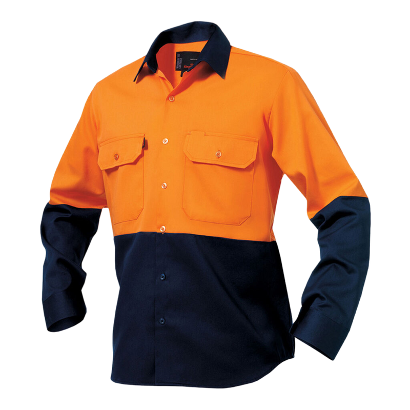 KingGee Men's Originals Hi-Vis Long Sleeve Drill Work Shirt - Orange/Navy