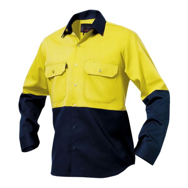 KingGee Men's Originals Hi-Vis Long Sleeve Drill Work Shirt - Yellow/Navy