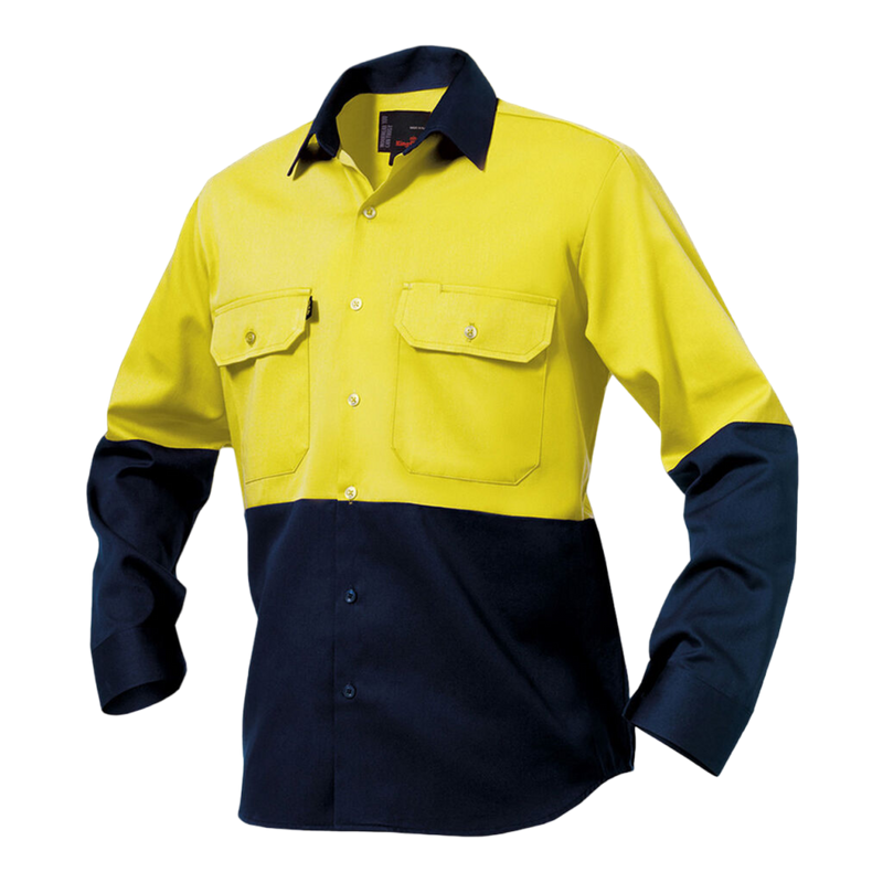KingGee Men's Originals Hi-Vis Long Sleeve Drill Work Shirt - Yellow/Navy