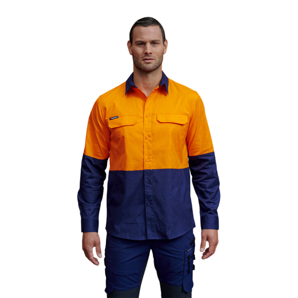 KingGee Men's Workcool Pro Hi-Vis Stretch Long Sleeve Work Shirt - Orange/Navy