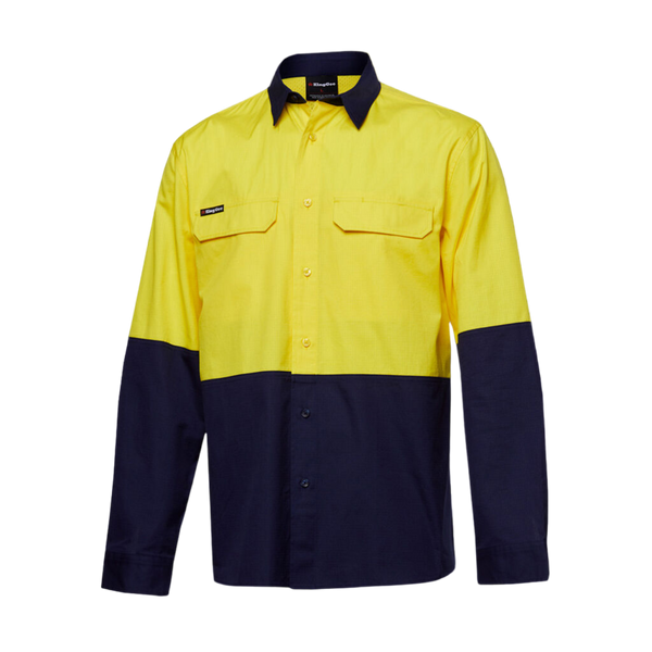 KingGee Men's Workcool Pro Hi-Vis Stretch Long Sleeve Work Shirt - Yellow/Navy