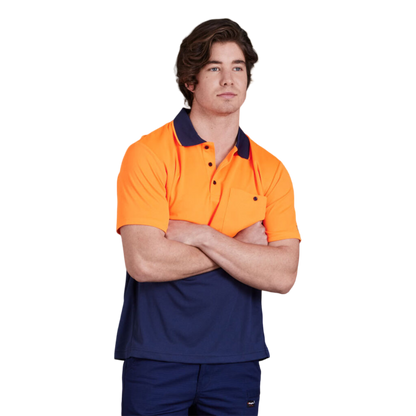 KingGee Men's Workcool Hyperfreeze Hi-Vis Two Tone Short Sleeve Polo Shirt - Orange/Navy