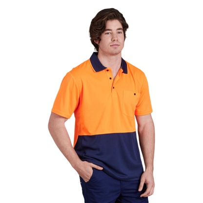 KingGee Men's Workcool Hyperfreeze Hi-Vis Two Tone Short Sleeve Polo Shirt - Orange/Navy