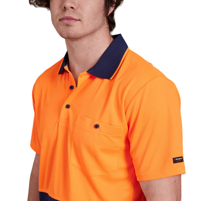 KingGee Men's Workcool Hyperfreeze Hi-Vis Two Tone Short Sleeve Polo Shirt - Orange/Navy