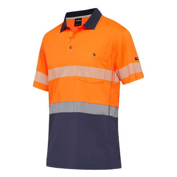 KingGee Men's Workcool Hyperfreeze Hi-Vis Reflective Short Sleeve Polo - Orange/Navy