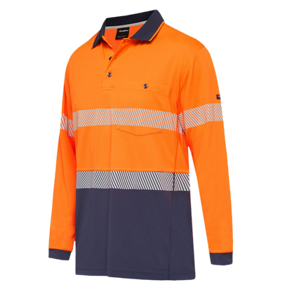 KingGee Men's Workcool Hyperfreeze Hi-Vis Reflective Long Sleeve Polo - Orange/Navy