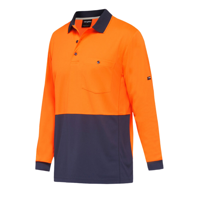 KingGee Men's Workcool Hyperfreeze Hi-Vis Two Tone Long Sleeve Polo Shirt - Orange/Navy