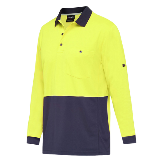 KingGee Men's Workcool Hyperfreeze Hi-Vis Two Tone Long Sleeve Polo Shirt - Yellow/Navy