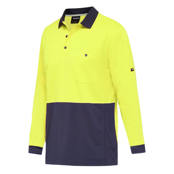 KingGee Men's Workcool Hyperfreeze Hi-Vis Two Tone Long Sleeve Polo Shirt - Yellow/Navy