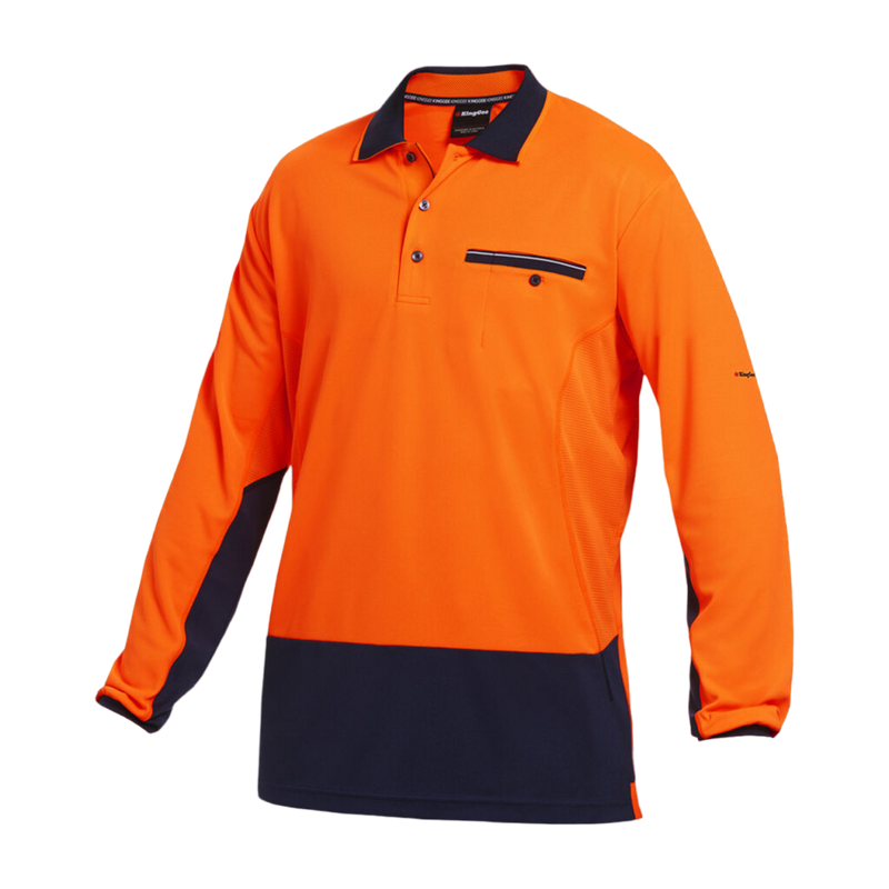 KingGee Men's Workcool Hyperfreeze Hi-Vis Lightweight Long Sleeve Polo - Orange/Navy