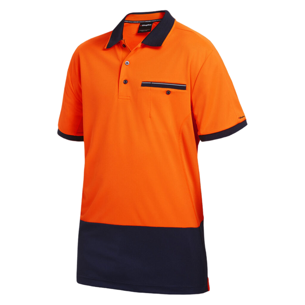 KingGee Men's Workcool Hyperfreeze Hi-Vis Lightweight Short Sleeve Polo - Orange/Navy