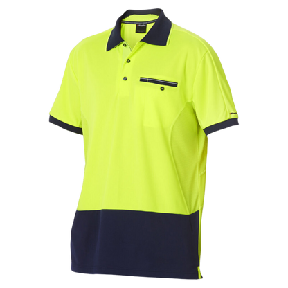 KingGee Men's Workcool Hyperfreeze Hi-Vis Lightweight Short Sleeve Polo - Yellow/Navy