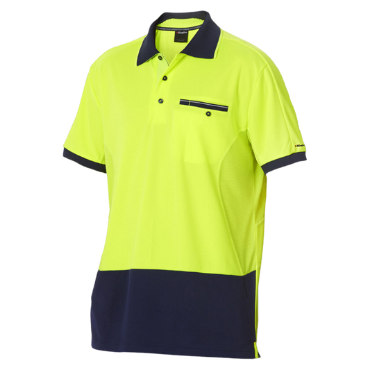 KingGee Men's Workcool Hyperfreeze Hi-Vis Lightweight Short Sleeve Polo - Yellow/Navy
