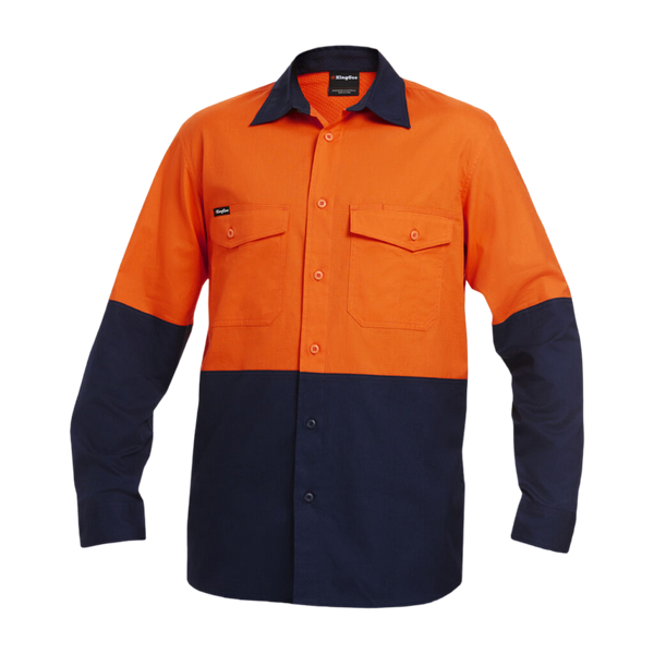 KingGee Men's Workcool 2 Hi-Vis Two Tone Long Sleeve Drill Work Shirt - Orange/Navy