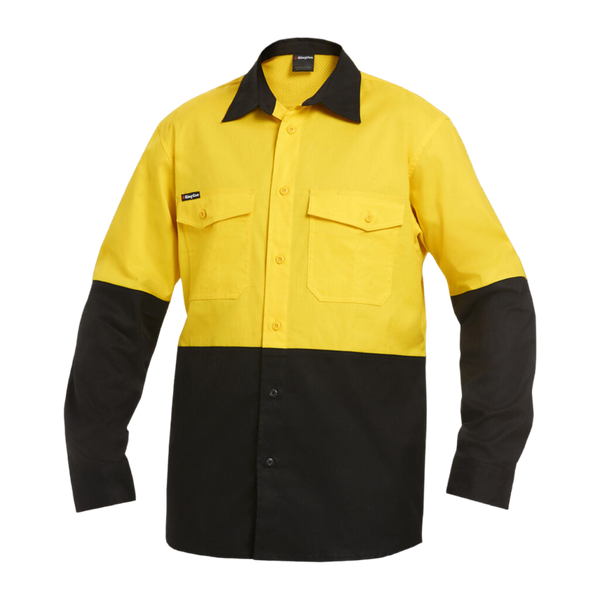 KingGee Men's Workcool 2 Hi-Vis Two Tone Long Sleeve Drill Work Shirt - Yellow/Black