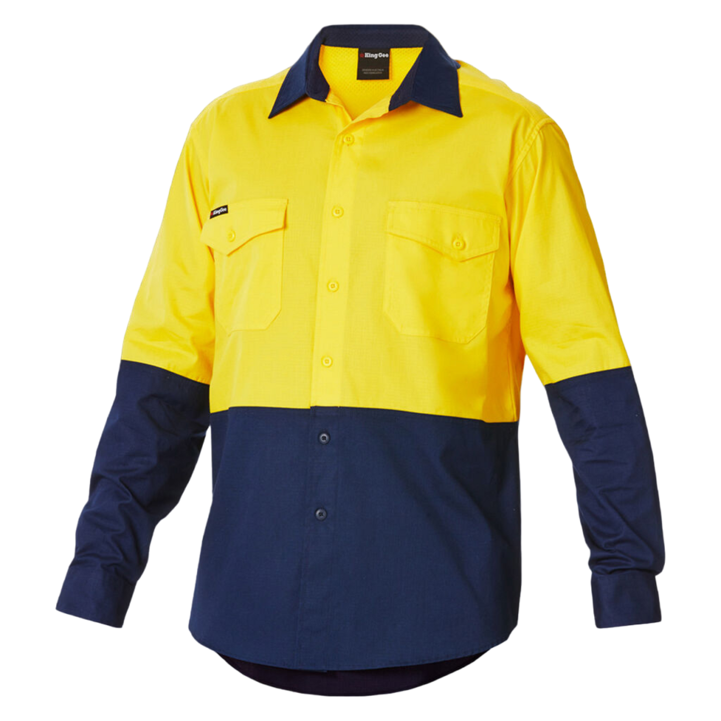 KingGee Men's Workcool 2 Hi-Vis Two Tone Long Sleeve Drill Work Shirt - Yellow/Navy