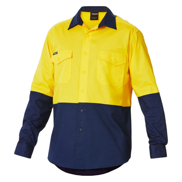 KingGee Men's Workcool 2 Hi-Vis Two Tone Long Sleeve Drill Work Shirt - Yellow/Navy