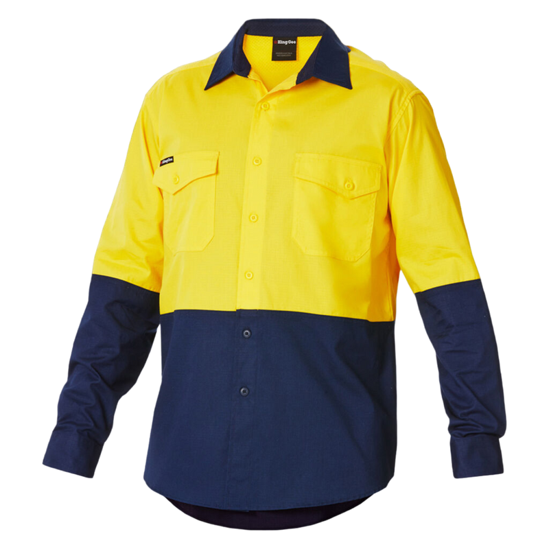 KingGee Men's Workcool 2 Hi-Vis Two Tone Long Sleeve Drill Work Shirt - Yellow/Navy