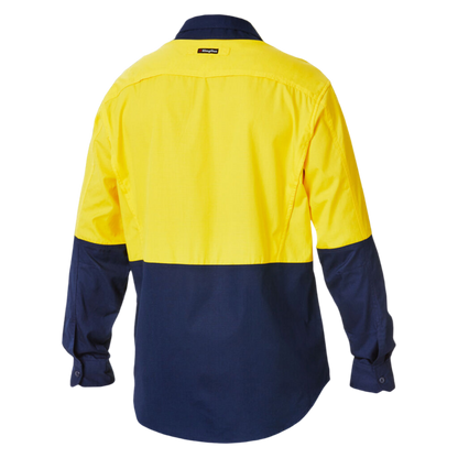 KingGee Men's Workcool 2 Hi-Vis Two Tone Long Sleeve Drill Work Shirt - Yellow/Navy