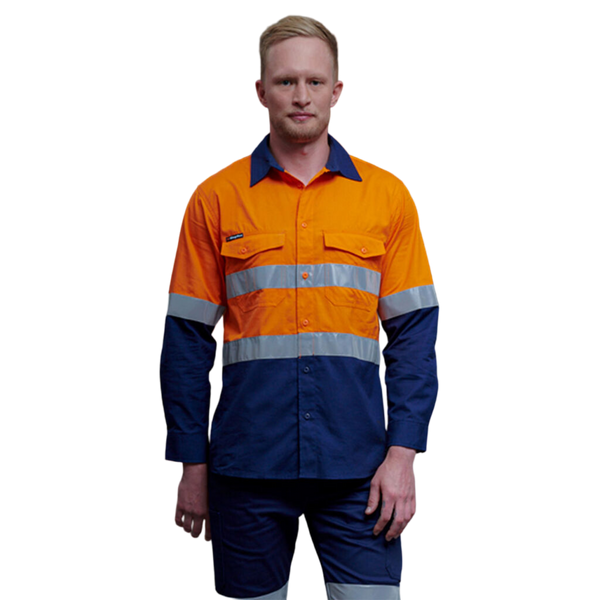 KingGee Men's Workcool 2 Hi-Vis Reflective Two Tone Long Sleeve Work Shirt - Orange/Navy