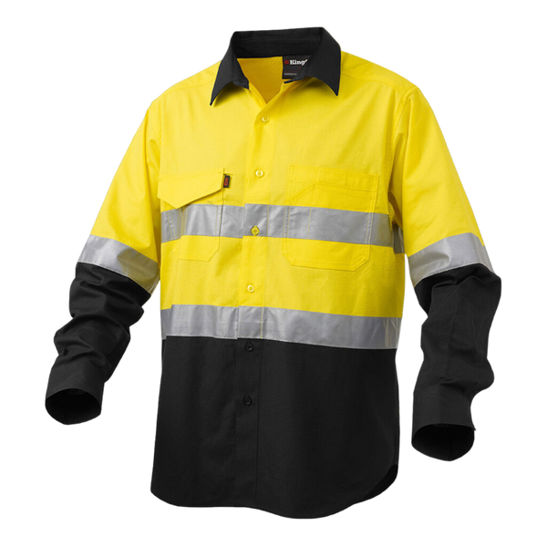 KingGee Men's Workcool 2 Hi-Vis Reflective Two Tone Long Sleeve Work Shirt - Yellow/Black