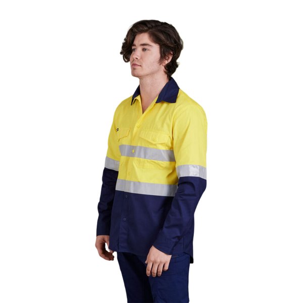 KingGee Men's Workcool 2 Hi-Vis Reflective Two Tone Long Sleeve Work Shirt - Yellow/Navy