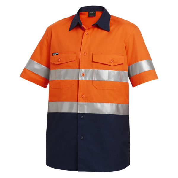 KingGee Men's Workcool 2 Hi-Vis Reflective Short Sleeve Work Shirt - Orange/Navy