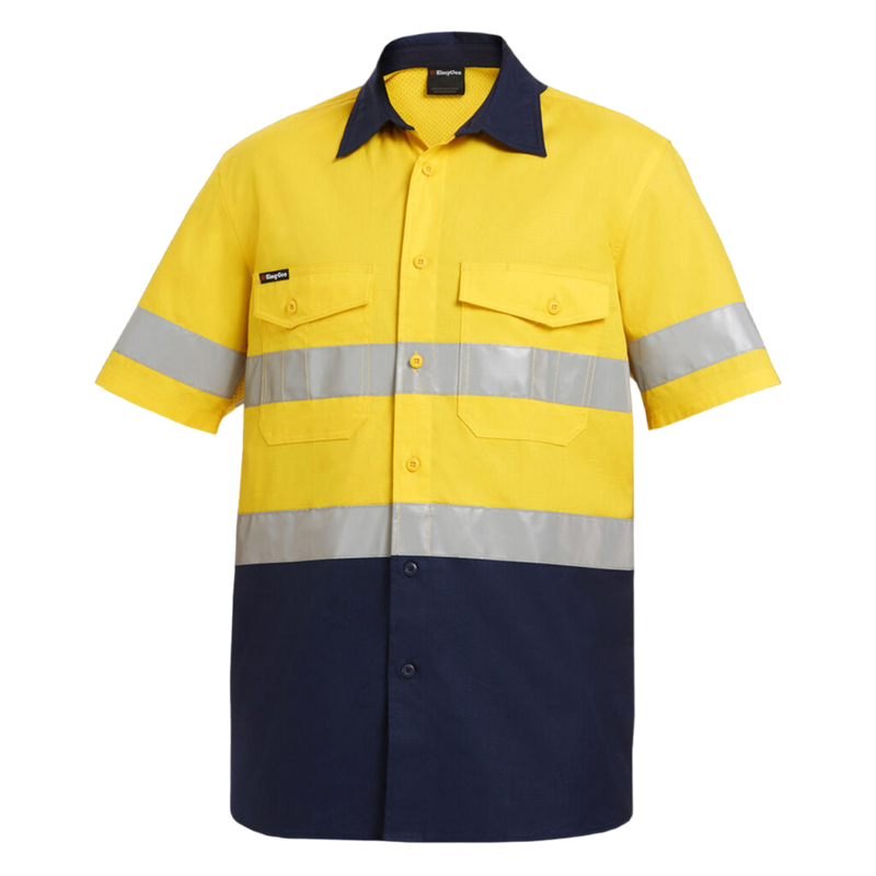 KingGee Men's Workcool 2 Hi-Vis Reflective Short Sleeve Work Shirt - Yellow/Navy