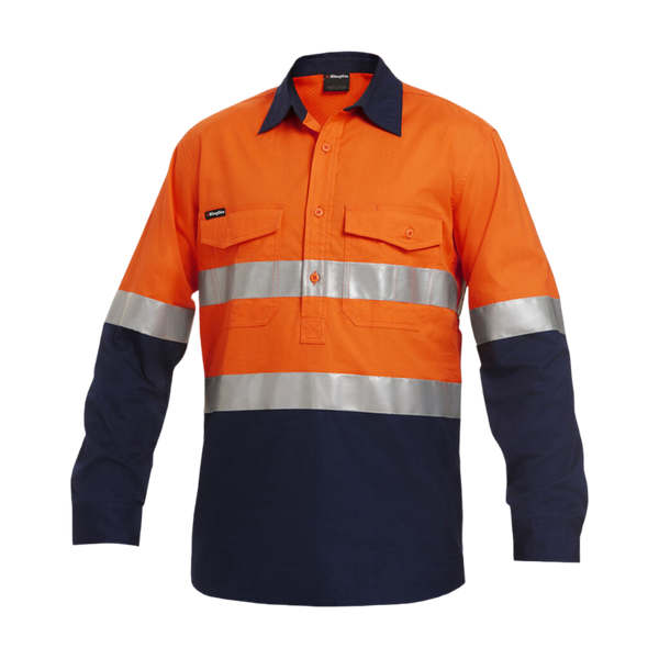 KingGee Men's Workcool 2 Hi-Vis Reflective Closed Front Work Shirt - Orange/Navy