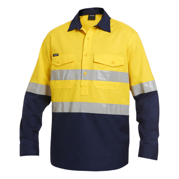 KingGee Men's Workcool 2 Hi-Vis Reflective Closed Front Work Shirt - Yellow/Navy