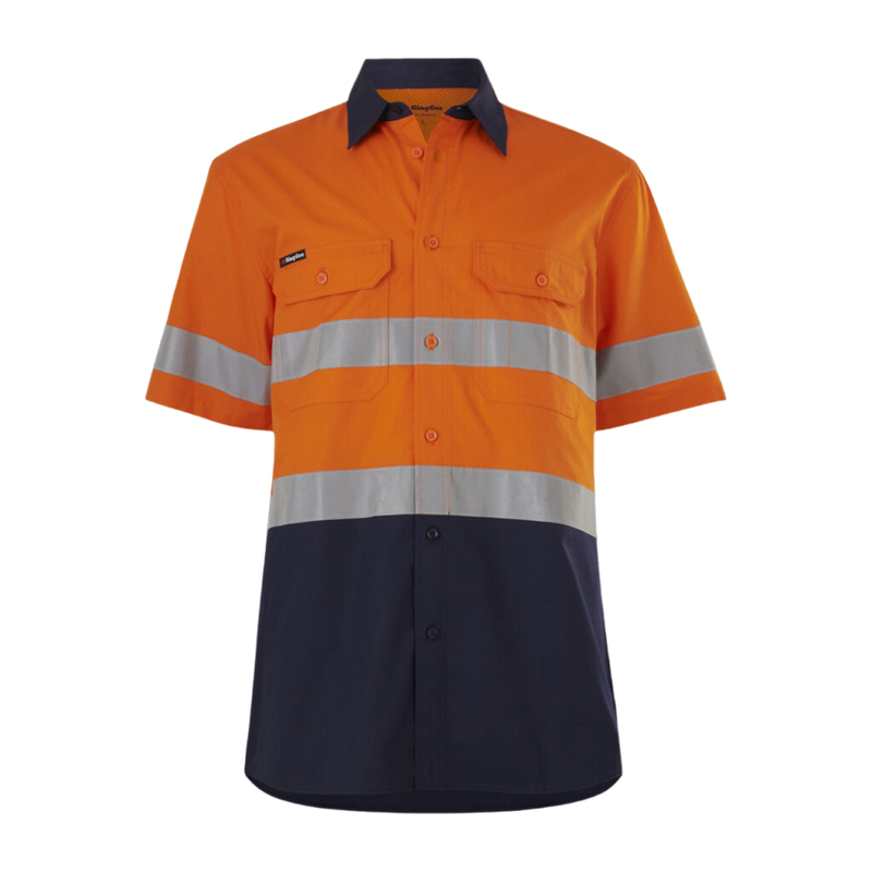 KingGee Men's Workcool Vented Spliced Shirt Taped Short Sleeve - Orange/Navy