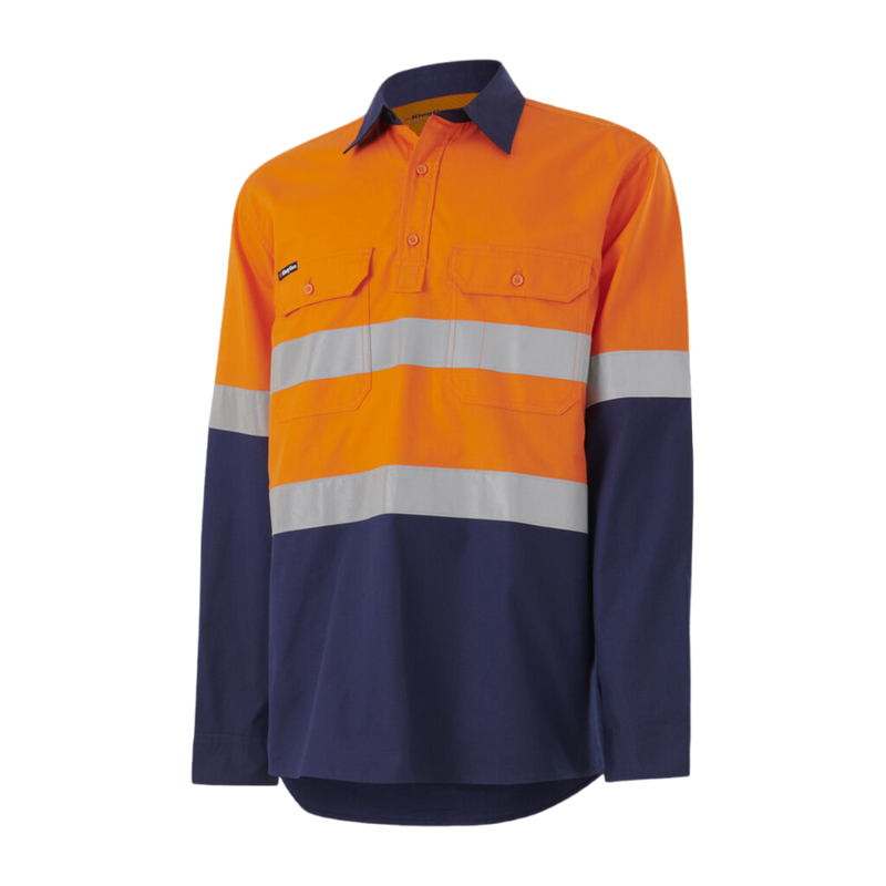 KingGee Men's Workcool Vented Closed Front Spliced Shirt Taped Long Sleeve - Orange/Navy