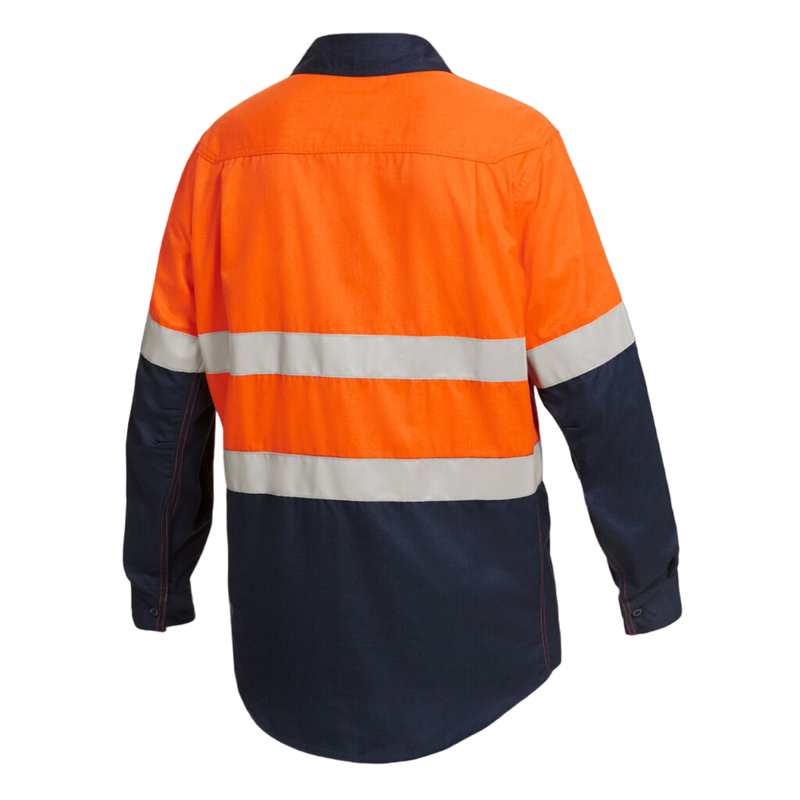 KingGee Men's Shieldtec Lenzing Fr Hi-Vis Spliced Open Front Taped Shirt - Orange/Navy