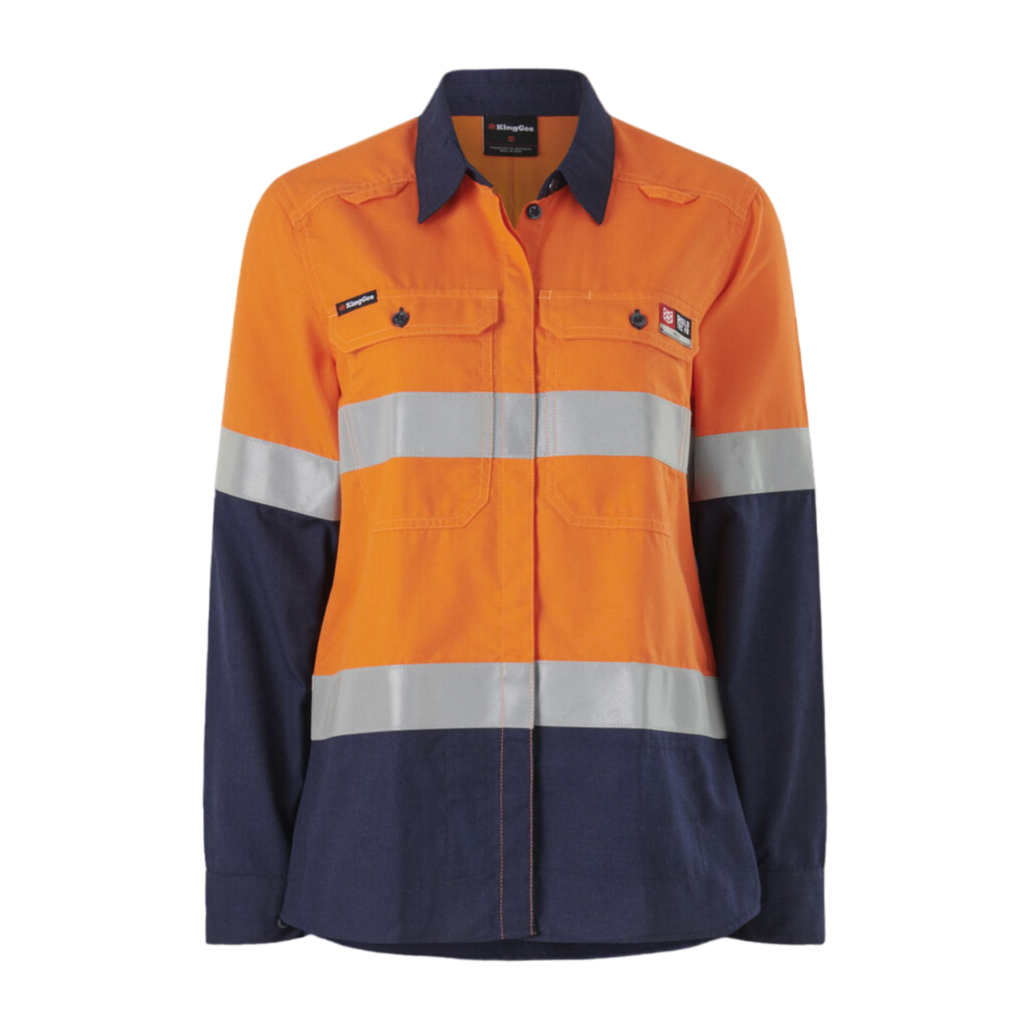 KingGee Women's Shieldtec Lenzing Fr Hi-Vis Spliced Open Front Taped Shirt - Orange/Navy