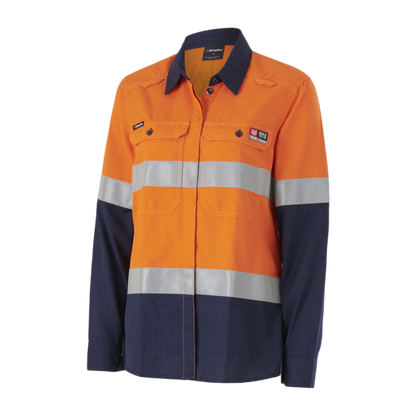 KingGee Women's Shieldtec Lenzing Fr Hi-Vis Spliced Open Front Taped Shirt - Orange/Navy
