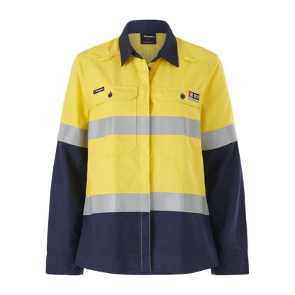 KingGee Women's Shieldtec Lenzing Fr Hi-Vis Spliced Open Front Taped Shirt - Yellow/Navy
