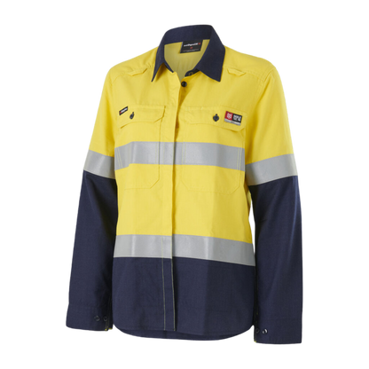 KingGee Women's Shieldtec Lenzing Fr Hi-Vis Spliced Open Front Taped Shirt - Yellow/Navy